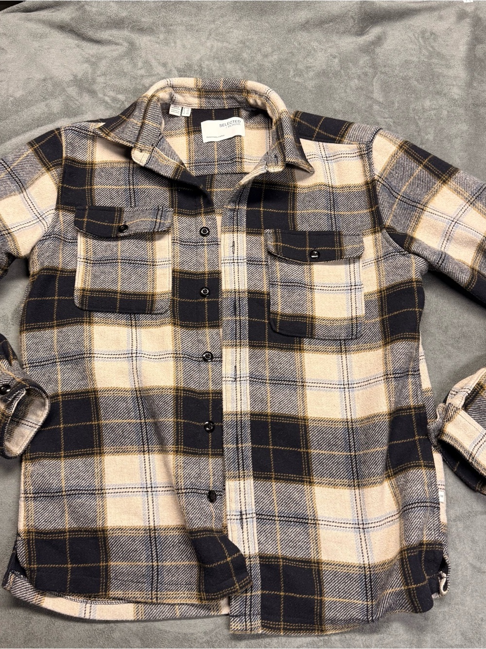 Plaid Button-Up Shacket Navy and Cream Wool Blend